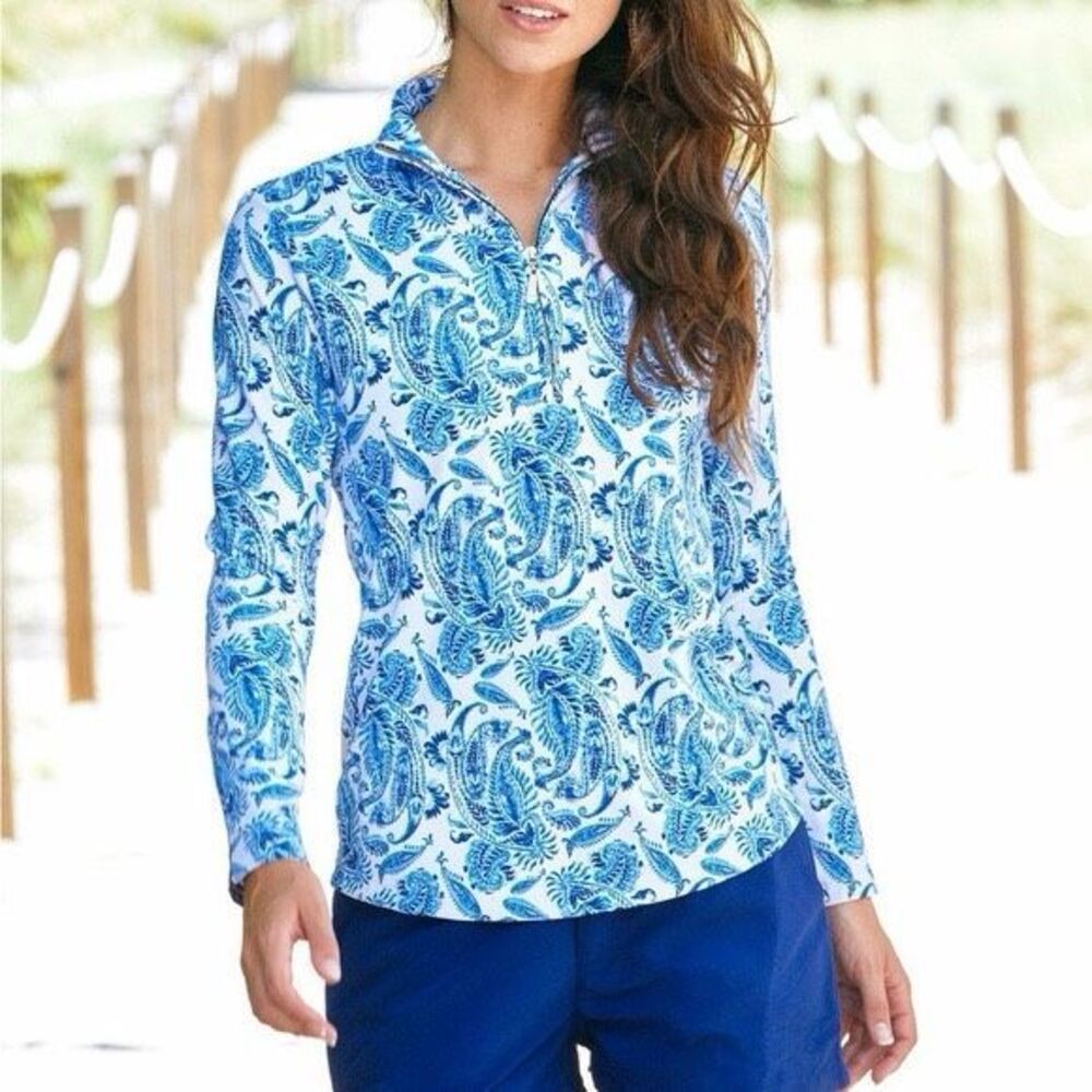Cabana Life Women’s Size XL Blue Paisley UPF 50+ Quarter Zip Long Sleeve Top EUC